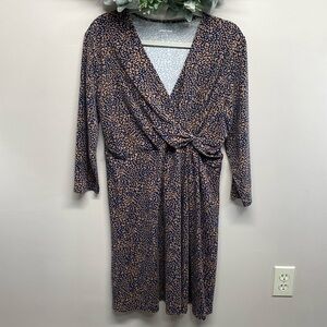 Lands’ End Cross Front 3/4 Sleeve Jersey Knit Dress Navy and Brown Animal Print